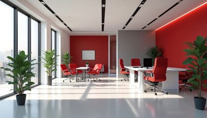 Modern office space is designed in minimalist style. Red color contrasts with plants, white elements. Interior includes table with chairs, computers. Room with big window for creative work, business.