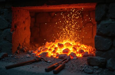 Blacksmith furnace burns with fiery hot coals and glowing embers. Bright sparks fly from intense heat. Forging tools lie near traditional stone hearth in rustic smithy, ready for metalworking craft.