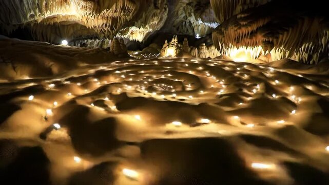 Illuminated cave interior with stalactites, creating a unique spiral pathway. Cave exploration and travel concept.