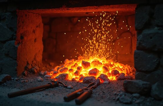 Blacksmith furnace burns with fiery hot coals and glowing embers. Bright sparks fly from intense heat. Forging tools lie near traditional stone hearth in rustic smithy, ready for metalworking craft.