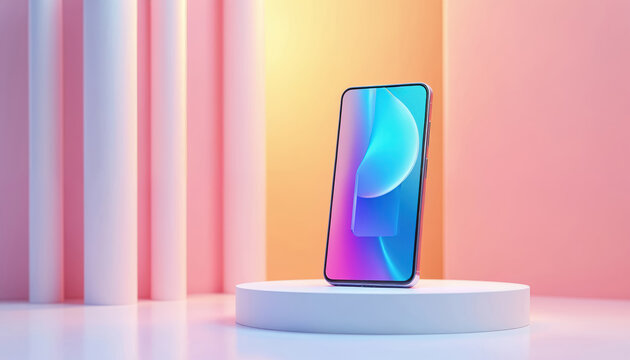 Modern smartphone with vibrant gradient display sits on white podium. Minimalist studio setting with pastel pink, orange background. Sleek device futuristic interface. Tech, design, communication.