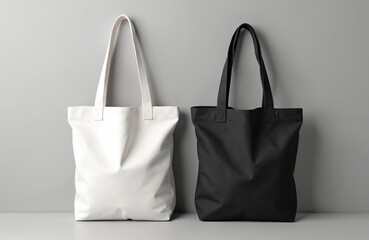Two cotton tote bags, one white and one black, stand on a neutral gray surface against a matching wall. These versatile bags are perfect for shopping, everyday use, or branding opportunities.