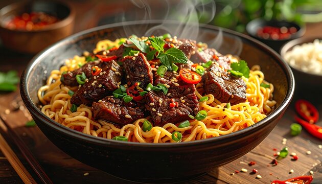 Close-up of a steaming bowl filled with noodles, tender meat, and fresh herbs, served on a wooden table