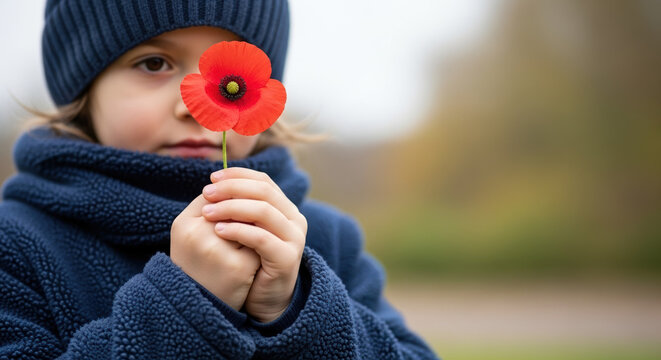 Remembrance Day with child holding poppy, close up portrait of adorable little boy showing red remembrance poppy. Remembrance Day represents memory of people who died in wars, child shows flower,