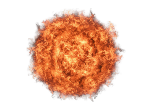 Explosion of Fiery Energy Detailed View of a Dynamic Spherical Fireball with Intense Orange and Yellow Hues Isolated on a Transparent Background