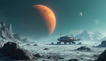 Futuristic space base operates on cold, distant alien planet. Massive red planet, small crescent moon dominate sky. Snowy mountains, barren rocky land surround station. Scene of future space