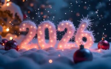 Happy new year 2026 futuristic digital background with snowflakes and christmas ornaments design. High quality