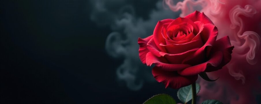 Crimson rose engulfed by swirling grey smoke, stark black backdrop, flower, image, valentines