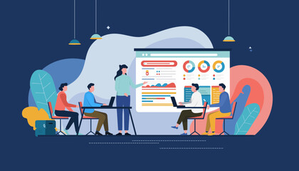 Business team analyzing data and statistics during a corporate strategy presentation