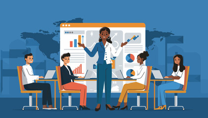 A confident business woman leading a corporate presentation to her diverse team in a meeting