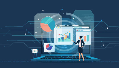 Digital Business Intelligence Presentation Professional Analyzing Data on Laptop with Interactive Charts and Graphs for Strategic Decisions
