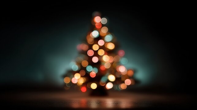 Abstract christmas tree made of colorful bokeh lights reflecting on a dark surface