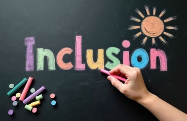 Hand writes word Inclusion on black school blackboard with vibrant colorful chalk. Bright sun drawing sits nearby. Various chalk pieces scatter below. Image illustrates concepts of education,