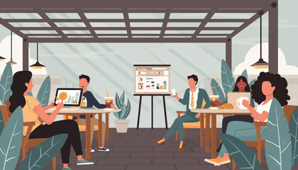 Diverse business team collaborating on a creative presentation in a modern open-air office