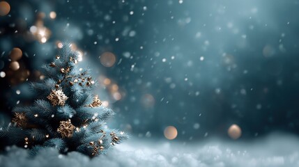 Festive christmas tree in snow with golden decorations and bokeh lights