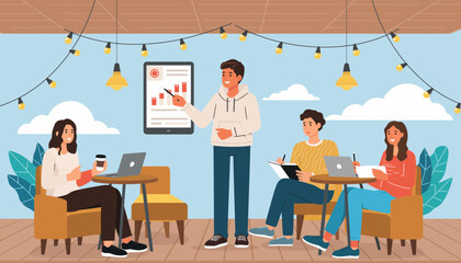 Dynamic business presentation on financial analysis and market trends, fostering collaborative learning and team strategy
