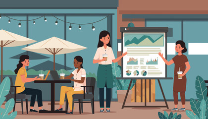 Business presentation in a cafe setting with people collaborating and discussing charts