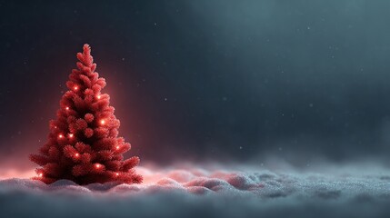A glowing red christmas tree stands in a snowy winter landscape