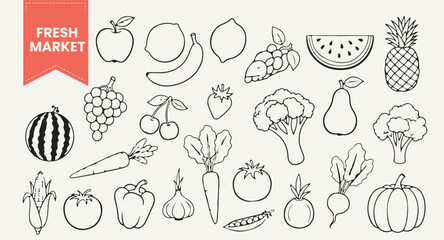 Hand Drawn Fruits and Spices Vector Set | Outline Icons of Apple, Lemon, Grapes, Strawberry, Banana, Ginger, Chili, and Garlic for Healthy Food and Organic Design.
