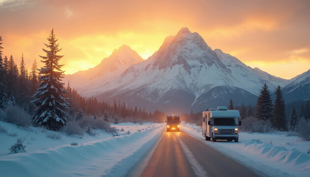 Two RVs drive on a snowy road through mountains at sunset. Evergreen trees line the path. Sunlight paints the sky orange and yellow. Winter travel and majestic nature.