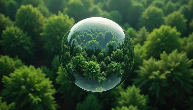 Green forest canopy viewed from above. Clear glass sphere floats above trees, reflecting green trees inside. Represents contained world, eco concepts, natural beauty. Environmental sustainability,