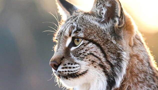 Close-up of a wild feline, facing right, with distinctive spotted fur, green eyes, and erect ears, lit by warm sunlight