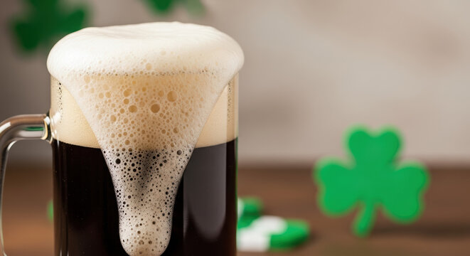 St Patrick's Day stout for festive celebrations. Rich, dark St Patrick's Day stout in clear mug, showcasing creamy foam, along with shamrock decorations for St Patrick's Day.