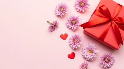Red gift box with pink flowers and hearts on a pink background