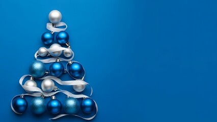 Festive christmas tree made of blue and silver ornaments on blue background