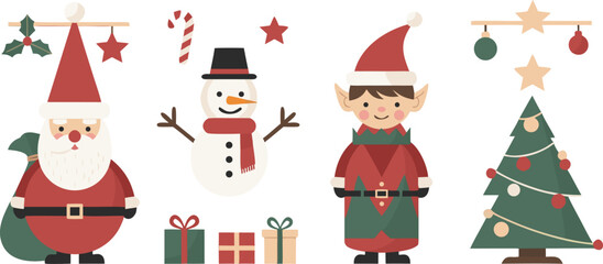 Festive Christmas celebration collection featuring Santa Claus, elf, snowman, decorated tree, and gifts, perfect for holiday designs