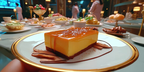 Caramel custard slice on gold rim plate glossy caramel drizzle elegant dessert presentation inviting