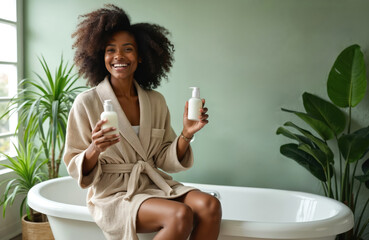 Smiling black woman in bathrobe holds lotion bottles near bathtub. Skincare products, wellness, organic beauty, natural bath routine, self care.