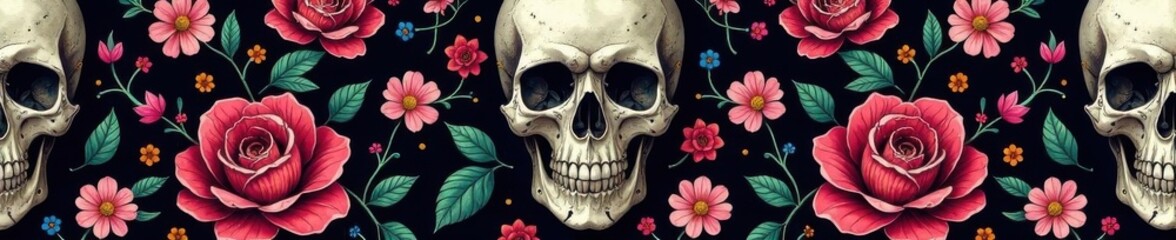 Intricate skull & floral gothic seamless pattern, background texture, seamless pattern