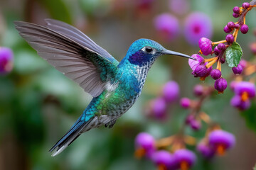 Fototapeta premium Hummingbird hovers near purple flowers in nature