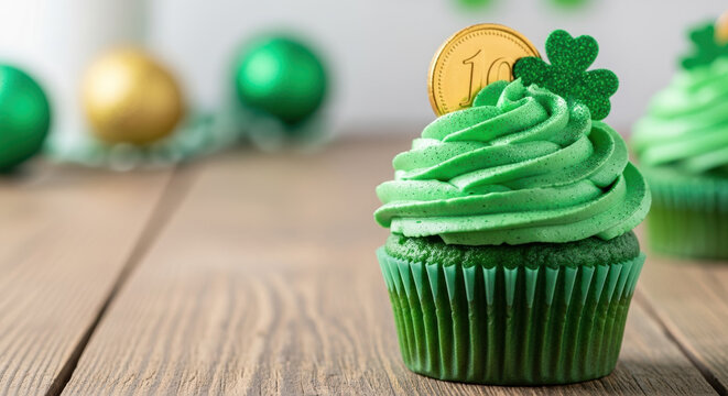 St Patrick's Day cupcake with clover and gold coin decoration on table. St Patrick's Day treat with mint green frosting and shamrock for festive celebrations, perfect themed party.