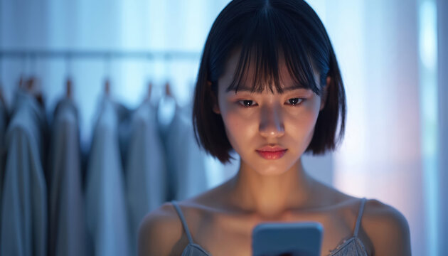Young Asian woman uses phone in dark bedroom. Screen light illuminates face. Looks at social media mental health app. Woman feels alone, connects digitally from home. Seeks support, comfort online,
