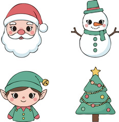 Christmas Character Vector Illustrations Santa Claus, Snowman, Elf, and Tree for Holiday Designs