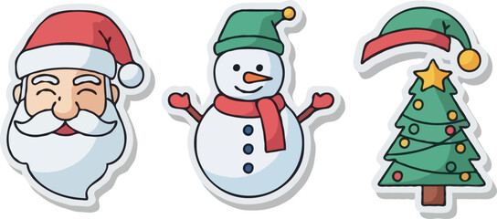 Christmas Characters Santa Claus, Snowman, and Festive Tree Icons for Holiday Cheer