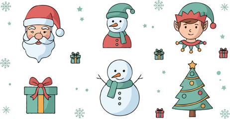 A festive collection of illustrated Christmas icons featuring Santa Claus, a snowman, an elf, a decorated tree, and gift boxes