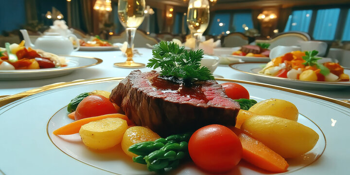 Filet mignon steak with roasted baby potato asparagus cherry tomato and herb garnish in fine dining ambiance