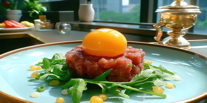Beef tartare with raw egg yolk on arugula, fine dining plated with sauce droplets and bright garnish