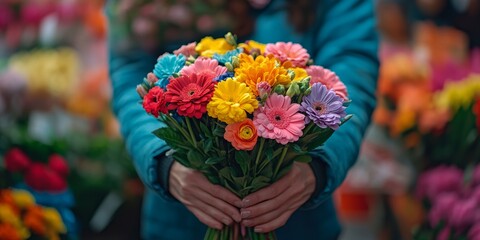 Florist holding colorful bouquet of fresh flowers in flower shop