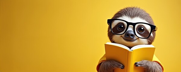 Cute student sloth wears black frame glasses, reading bright yellow book. Happy animal character smiles, learning new things, enjoying quiet study time. Young pupil focuses on education, improving