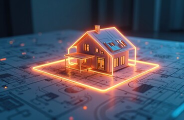 Futuristic smart home model glows on detailed architectural blueprints. Shows digital construction planning, innovative house design. Highlights modern tech integration, eco energy solutions,