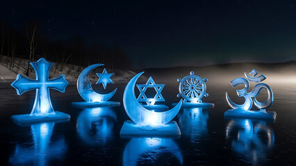 Illuminated religious symbols on ice including christianity islam judaism buddhism and hinduism