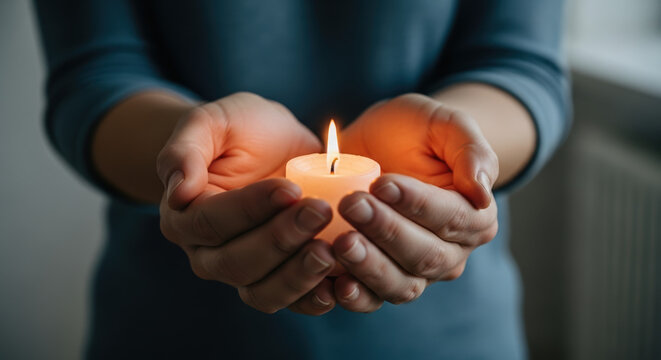 Remembering Suicide Loss Day, candle flame illuminating hands, providing hope. During Suicide Loss Day, a symbol of remembrance and healing, warm candle flame glows between hands.