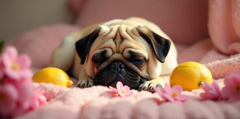 Pug naps amidst pink blossoms & lemons, cozy scene, pink, sunshine, lemon