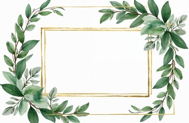 Wedding invitation template with watercolor greenery leaf, branch. Elegant card beautiful floral wreath with gold frame. Minimalist botanical border for menu rsvp thank note. Rustic DIY printable for