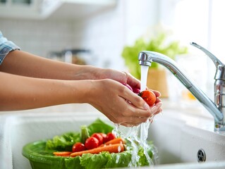 Hands Washing Cherry Tomatoes and Vegetables in Kitchen Sink