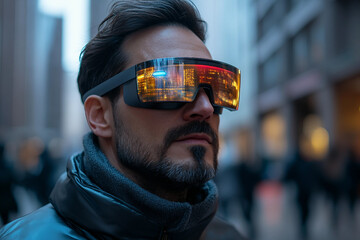 Focused person using high-tech vr headset in neon futuristic space, digital scanning interface, generative AI